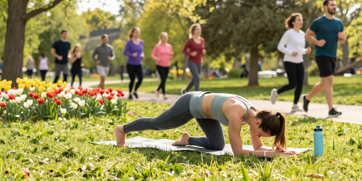 Woman in modest activewear practicing yoga in sunny park, promoting healthy lifestyle.