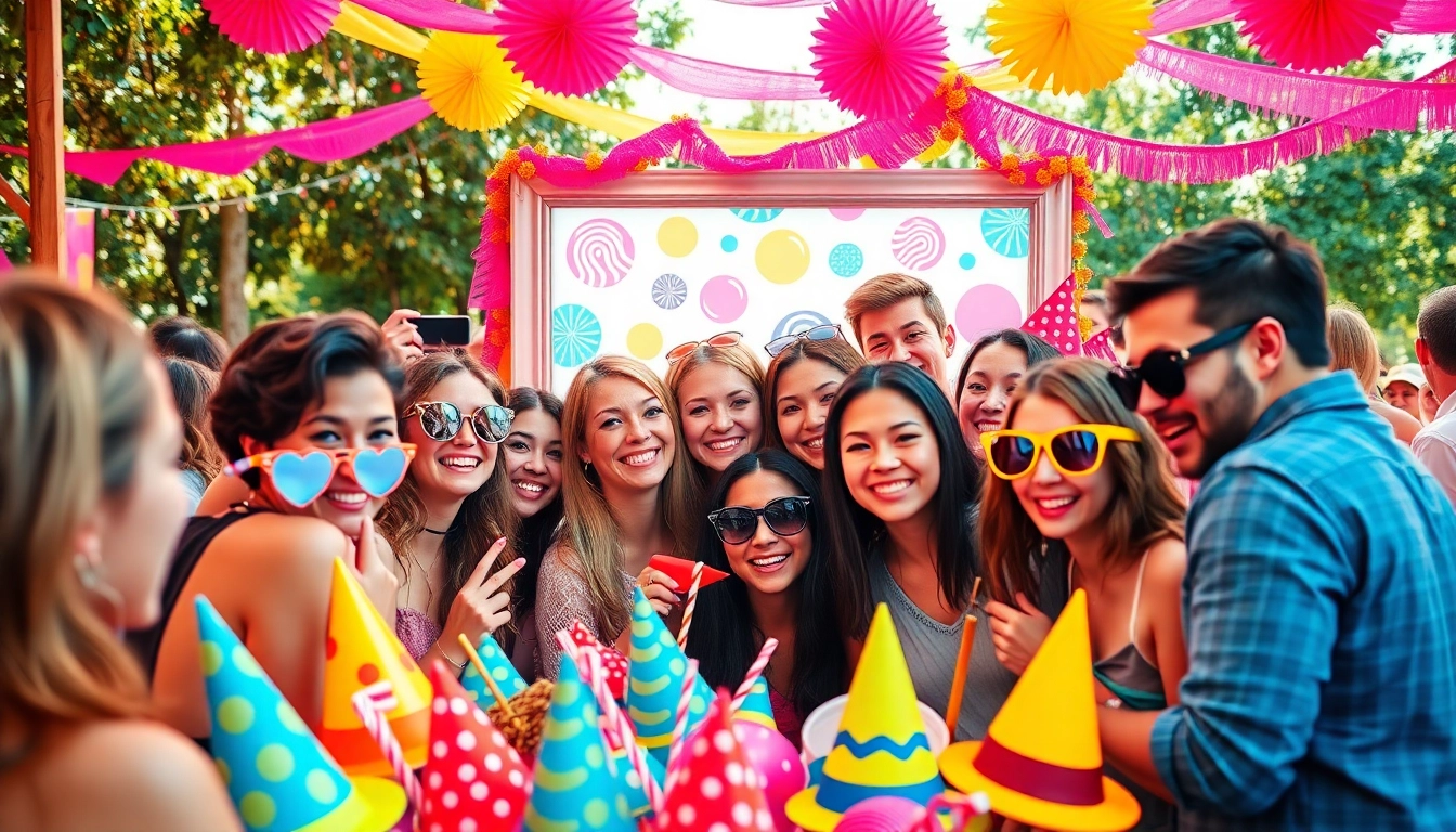 Guests enjoying a fun photo booth rental experience with vibrant props and colorful decorations.