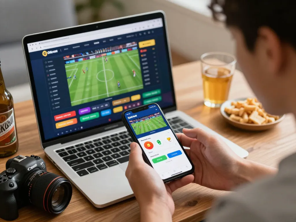Engaging scene of a user on the OKFUN platform enjoying sports betting experience with vibrant odds and real-time features.