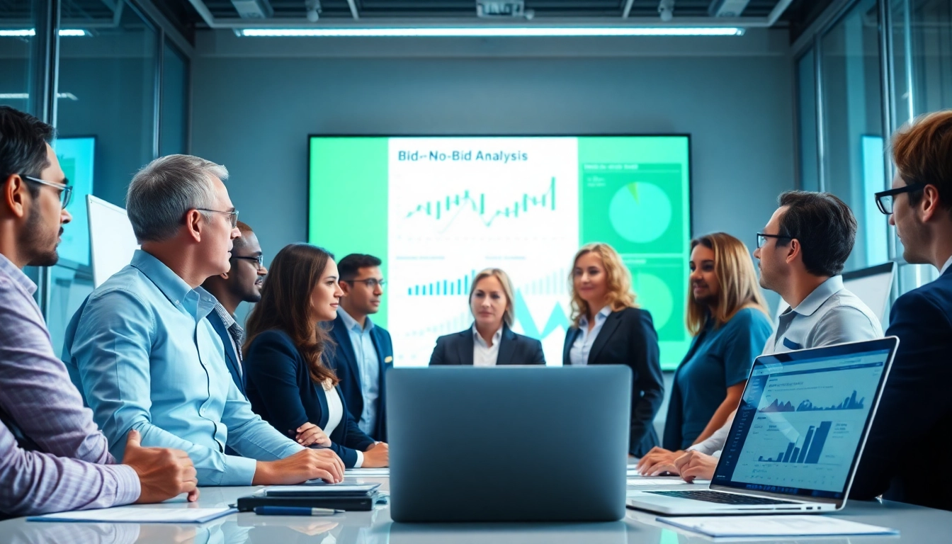 Strategists analyzing Bid-No-Bid Analysis. data in a professional business meeting.