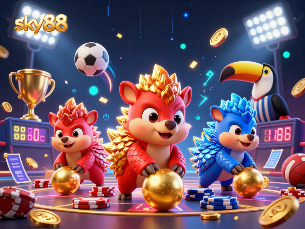 Witness sky88's thrilling action as pangolins roll into golden balls amidst a vibrant casino atmosphere.