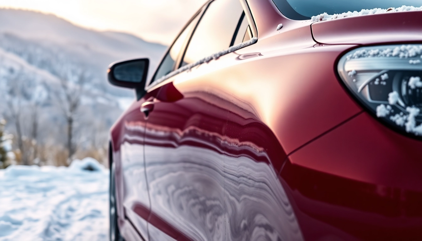 Reflecting winter car protection Chattanooga, a pristine car glistens under snow in a scenic setting.