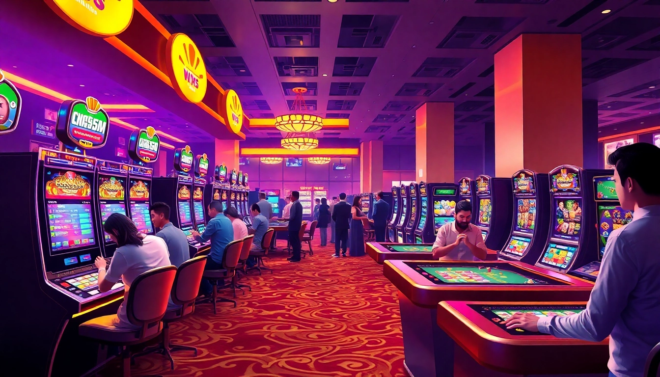 Exciting casino environment showcasing players at QQ88 COM with vibrant colors and dynamic games.