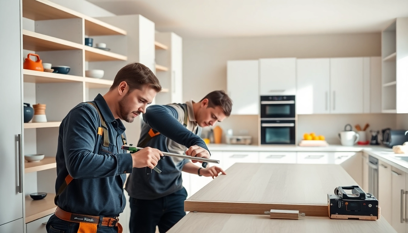 Experienced kitchen fitters near me working on stylish cabinetry in a bright kitchen.