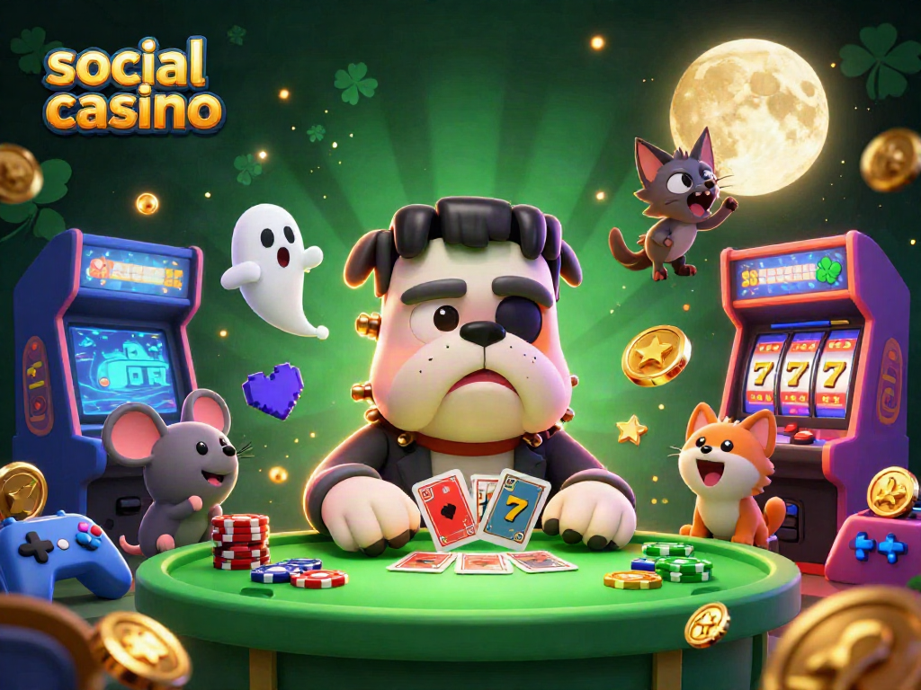 Engage in a social casino game with vibrant characters and dynamic gambling elements.