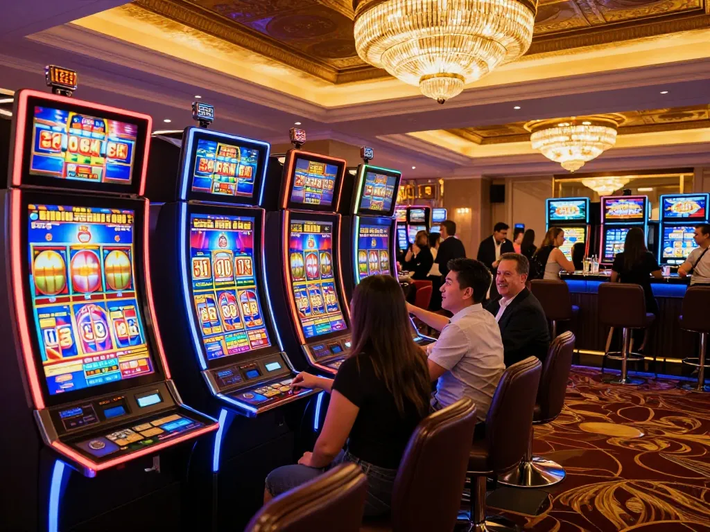 Experience the excitement of RR88's vibrant slot machines area, where players engage in thrilling gameplay.