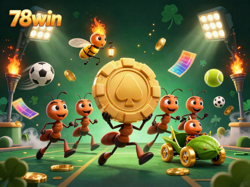 Experience thrilling gameplay with 78win in a dynamic heist scene featuring giant poker chips and animated sports elements.