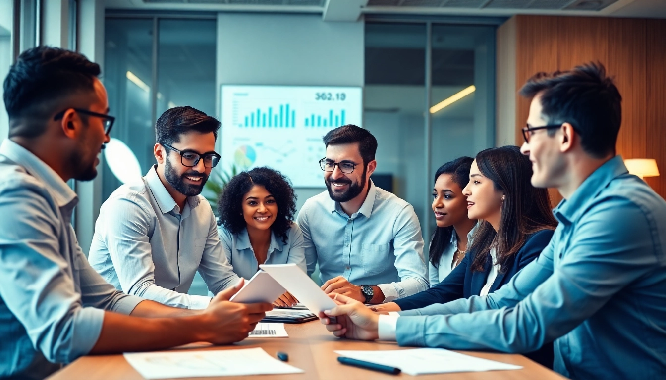 Engaging team collaborating on b2b competitive intelligence strategy with digital displays.