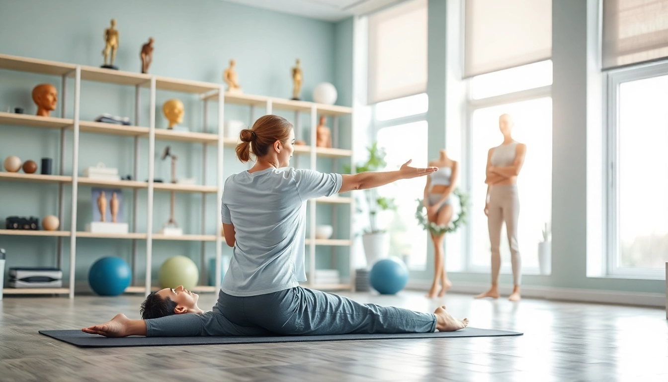 Illustration showing back pain causes with a physiotherapist helping a patient through exercise.