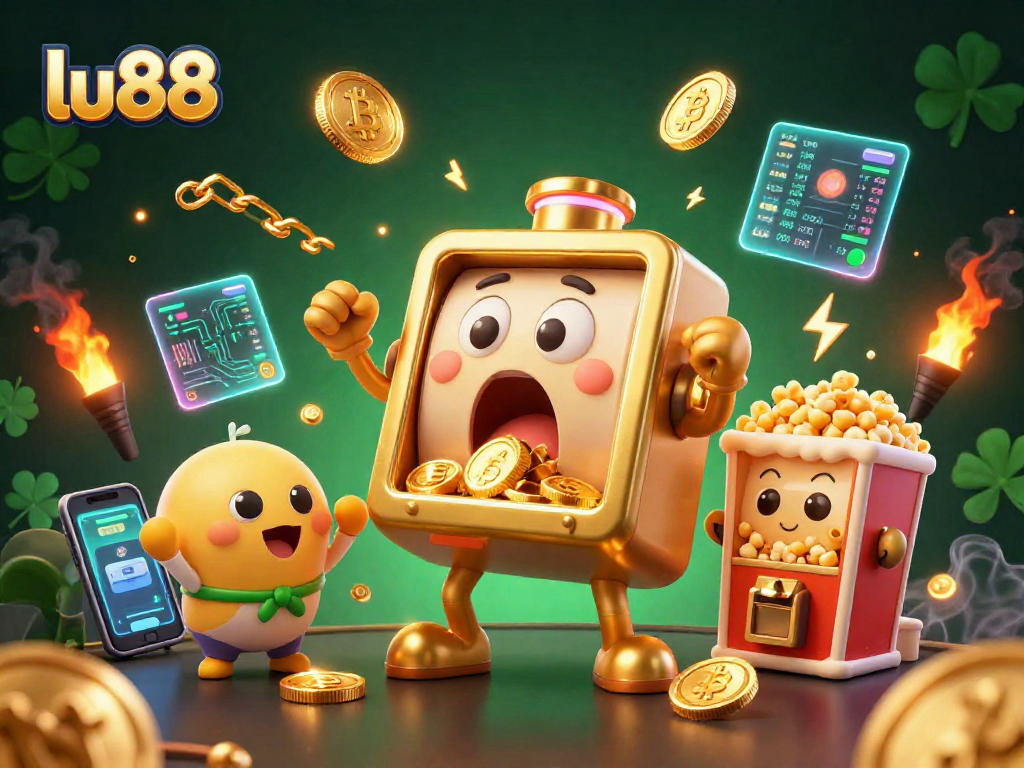 lu88 slot machine celebrates its jackpot with gold coins, bright crypto elements scattered dynamically