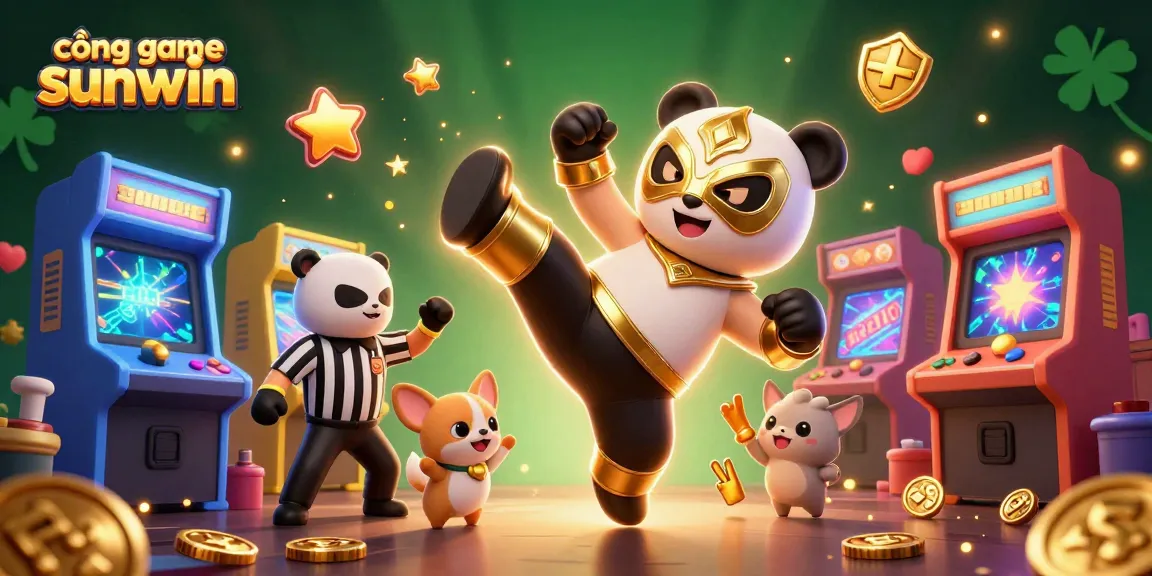 Experience thrilling action at cổng game sunwin with an epic 3D illustration of a panda wrestler and cheering animal fans.