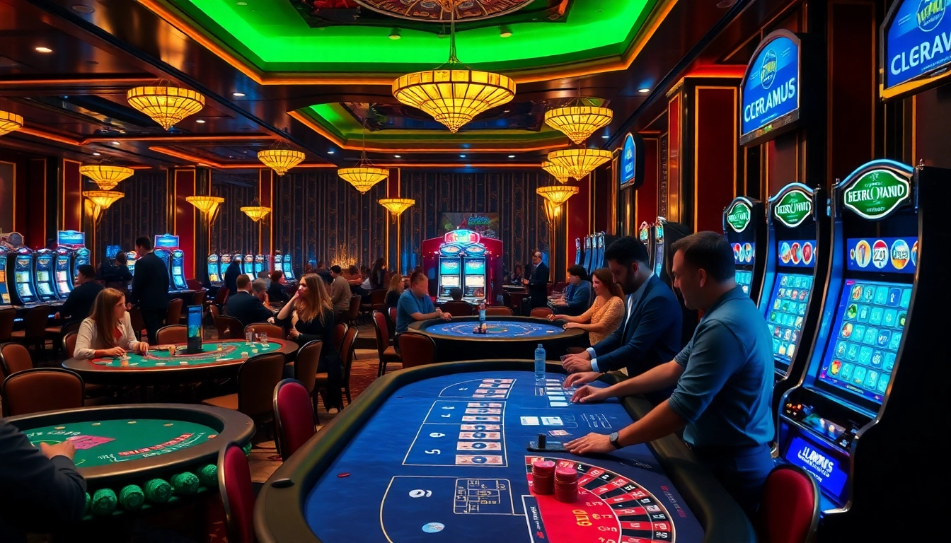 Exciting gameplay at the Hit club casino featuring players at tables and vibrant slot machines.