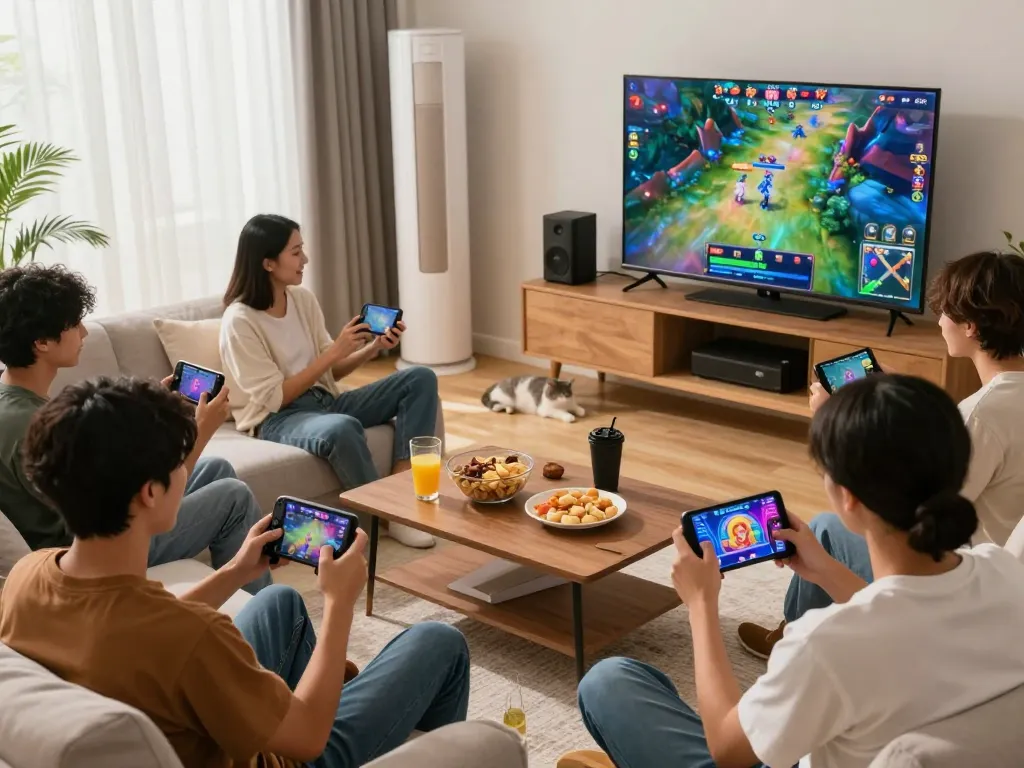 Players enjoying DK7 สล็อต on mobile devices in a lively home gaming environment