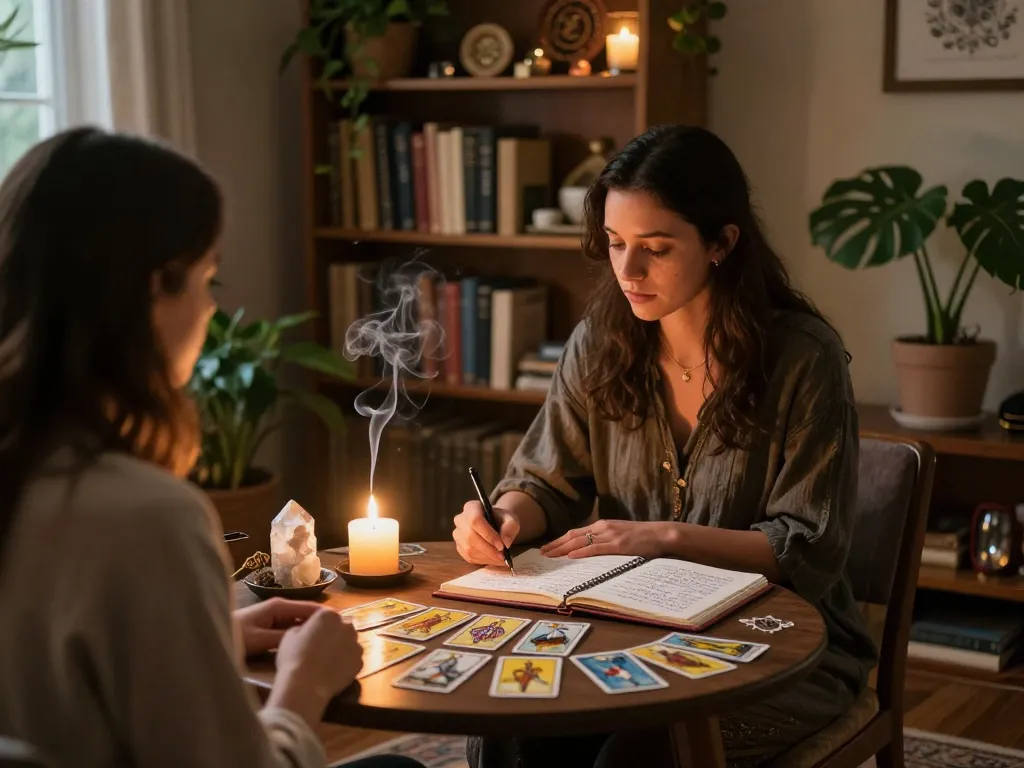 Signs of a karmic relationship explored in a serene Akashic reading space with candles, tarot cards, and peaceful ambiance.