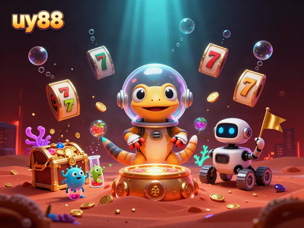 uy88 showcases a Martian gecko discovering a golden casino amid vibrant 3D illustrations for gaming excitement.
