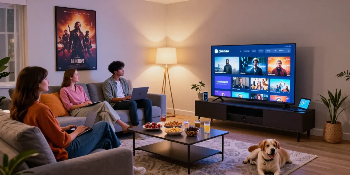 Pikashow streaming party scene with friends enjoying movies in a cozy living room