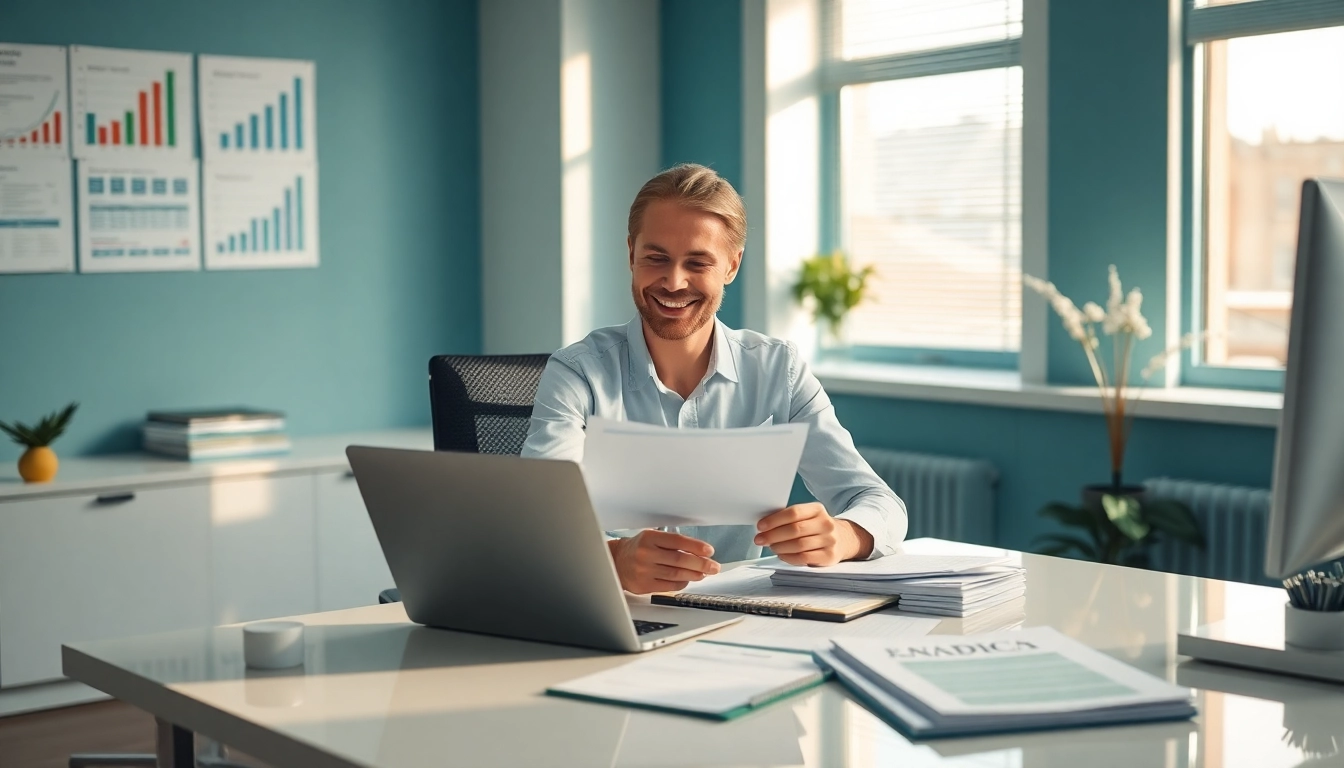 Tax preparer assisting clients in a modern office, embodying professionalism and trust.