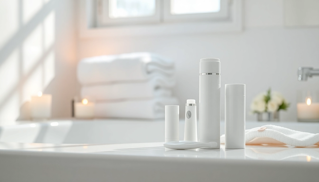 Showcasing an anal lightening kit against a serene bathroom backdrop.