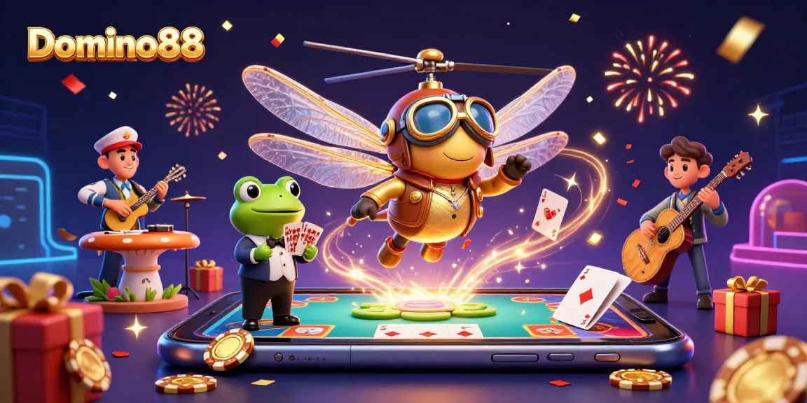 Play exciting poker games with Domino88 featuring a 3D dragonfly pilot and cards dealt by a frog croupier.