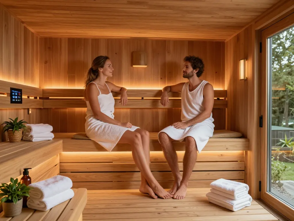 Intimate sauna customization scene with cedar wood interior, couple relaxing together in a tranquil environment.