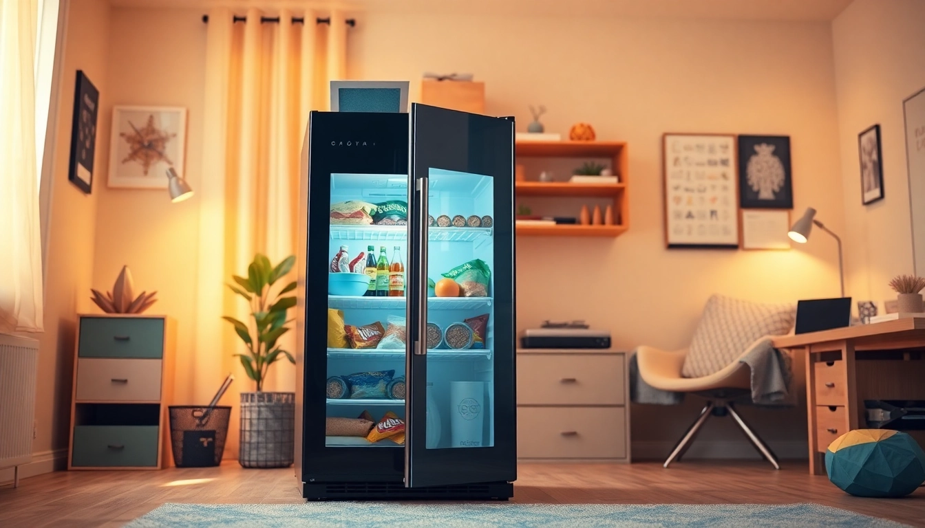 Modern dorm room fridge filled with snacks and drinks in a cozy college setting.