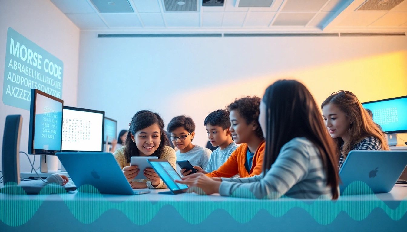 Morse code lessons environment with diverse learners using tablets to study and practice.