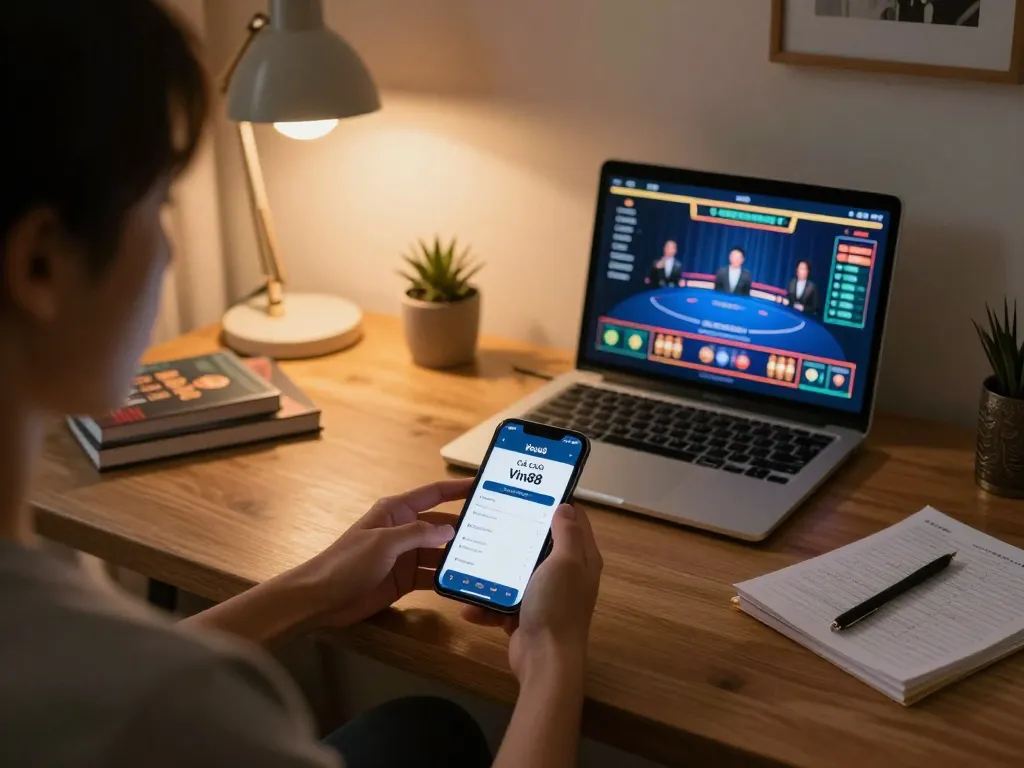 Cá cược Vin88 gaming experience on a smartphone in a cozy home environment with online casino elements