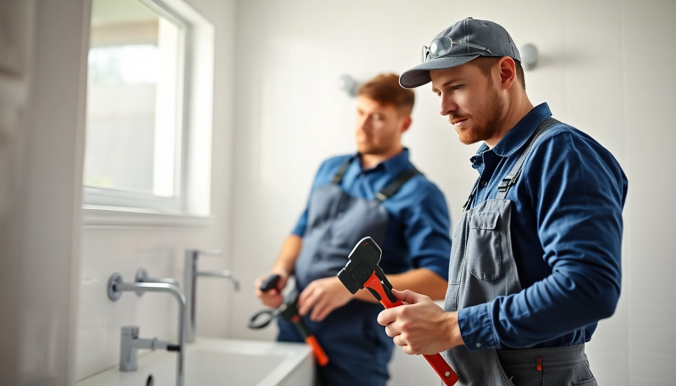 Plumber near me repairing a leaky pipe in a bright bathroom setting.