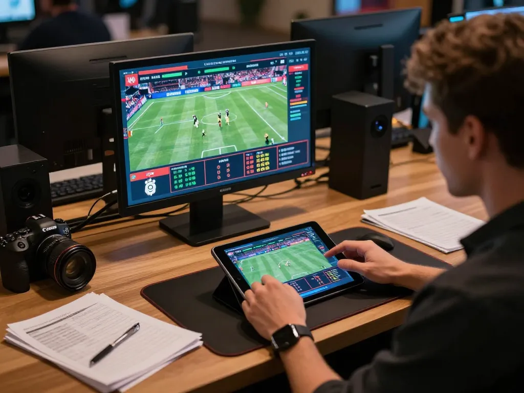 Engaging with fun88 sports betting app, analyzing odds and strategies at a modern desk setup.