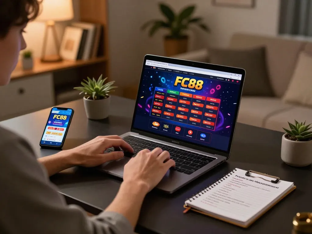 Engaging in online gambling with FC88 app on a laptop and smartphone while focusing on bankroll management.