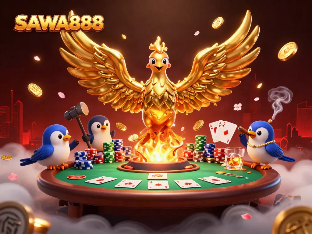 Experience SAWA888's thrilling poker scene with a molten phoenix and golden coins.