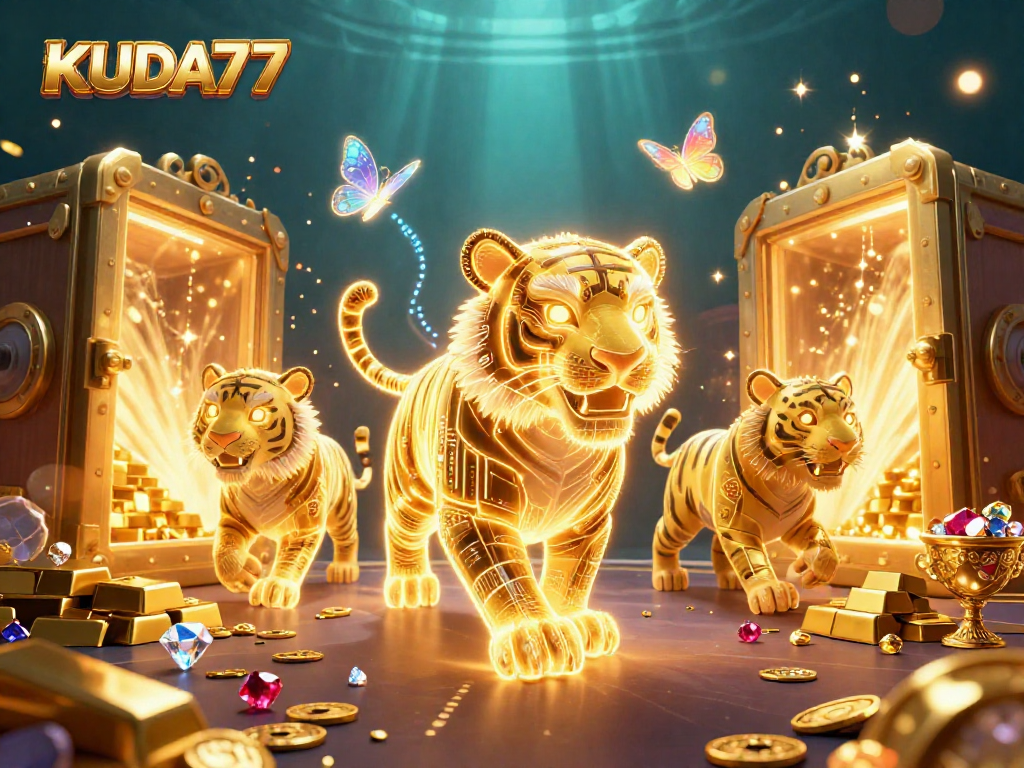 Menangkan di KUDA77 dengan simbol permainan berkilau dan harta karun dalam kasino digital.
