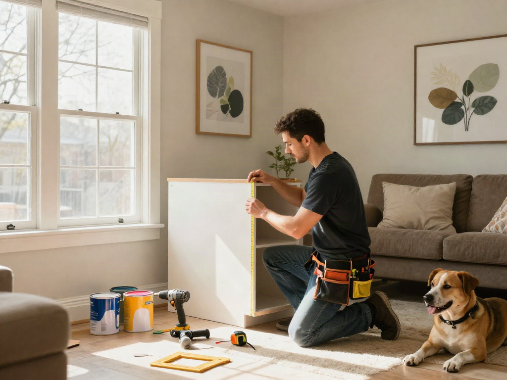 Professional home repair services Des Moines Iowa with handyman installing kitchen cabinets.