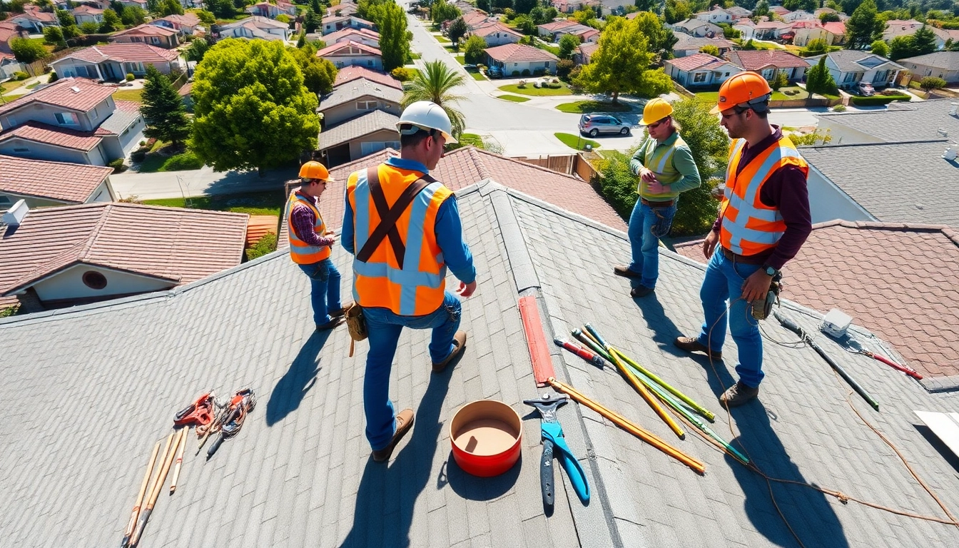 Roofing contractor Pleasanton team installing shingles on a residential home roof