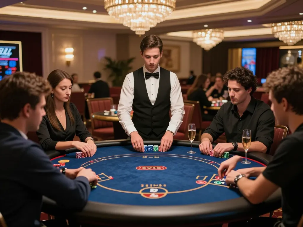 LV88 players strategizing at an exclusive poker table in a vibrant casino atmosphere.