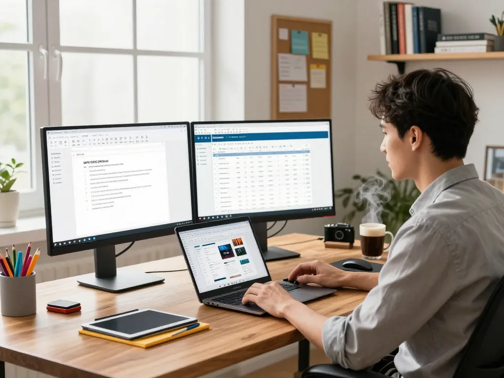 Professional using WPS Office on dual monitors in a bright home office