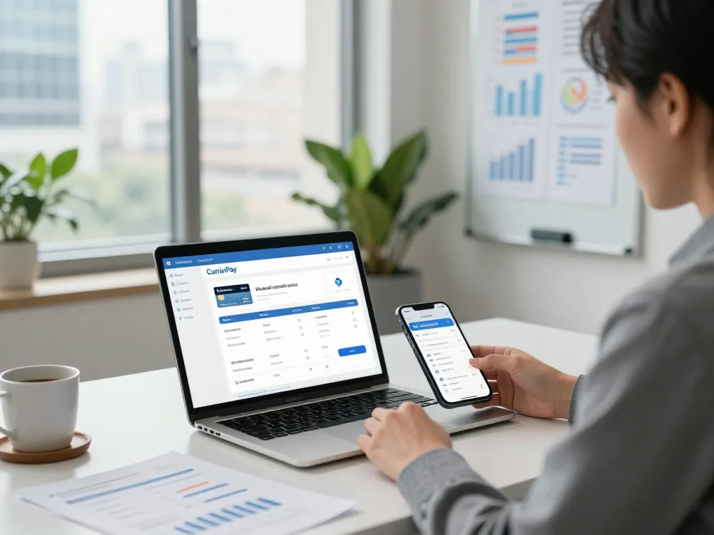 Jamaica Bank customer managing finances with virtual card at modern workspace