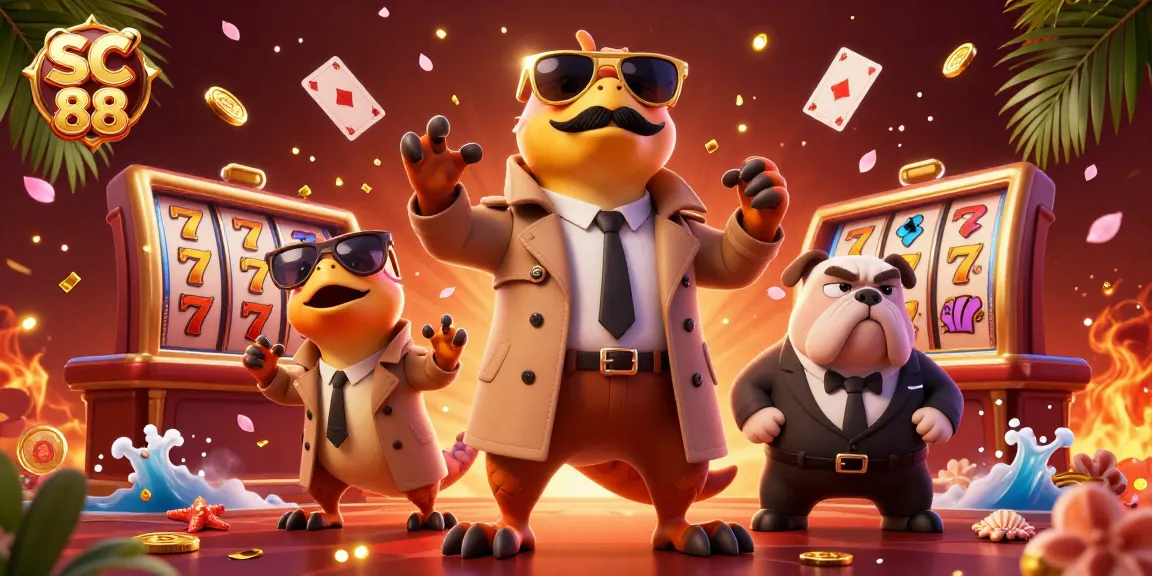 Engage with SC 88's thrilling gaming scene featuring raptors sneaking into a casino lounge.