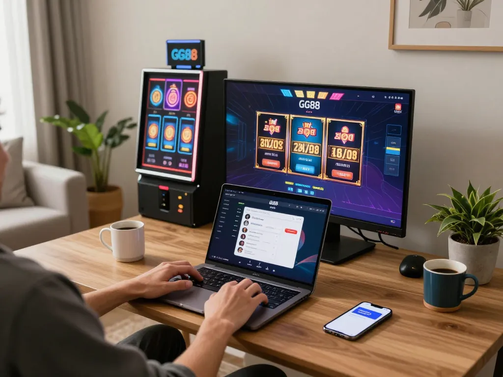 Engaging with the GG88 platform on a laptop at home, innovative online gaming experience.