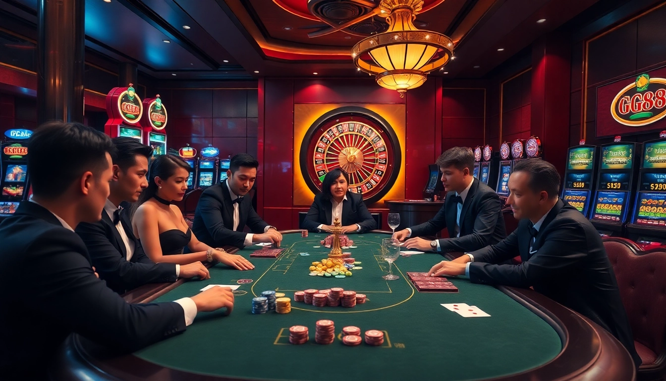 Exciting casino action at GG88 with players engaged in poker at a vibrant gaming table.