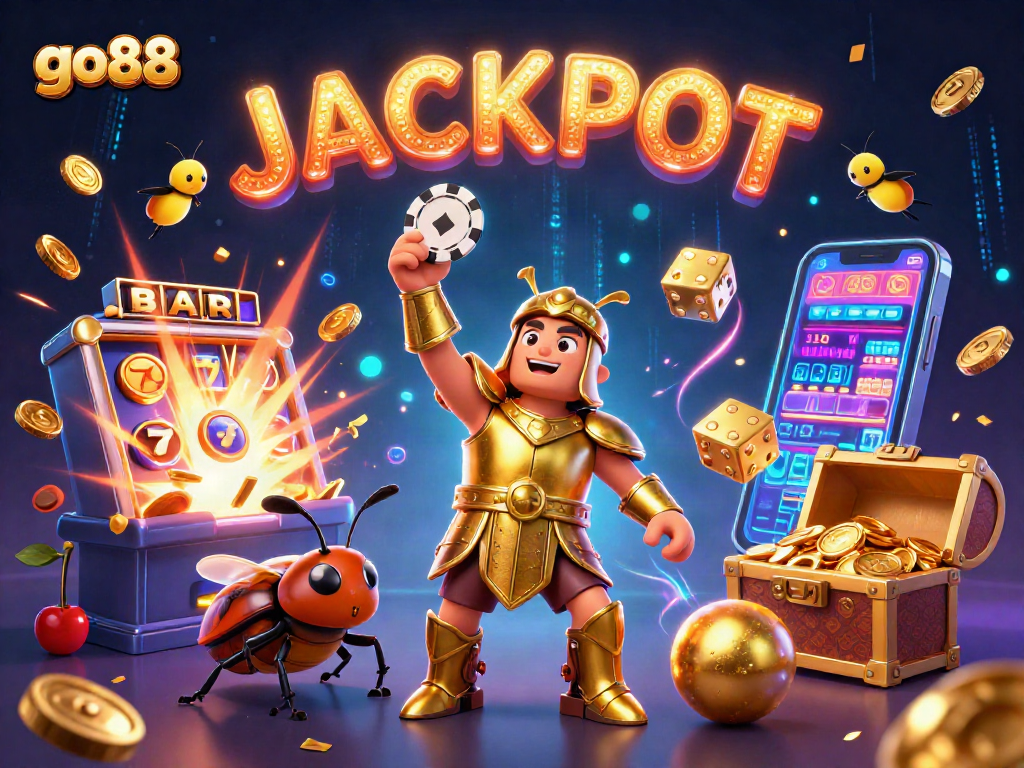 Experience the thrill of go88 with a cartoon hercules beetle celebrating a jackpot amidst dynamic casino scenes.