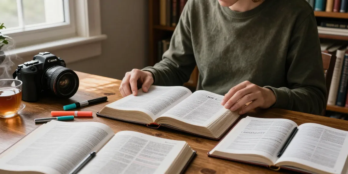 Deep study of the Mark of the Beast in an intimate home library setting, rich with biblical texts and reflections.