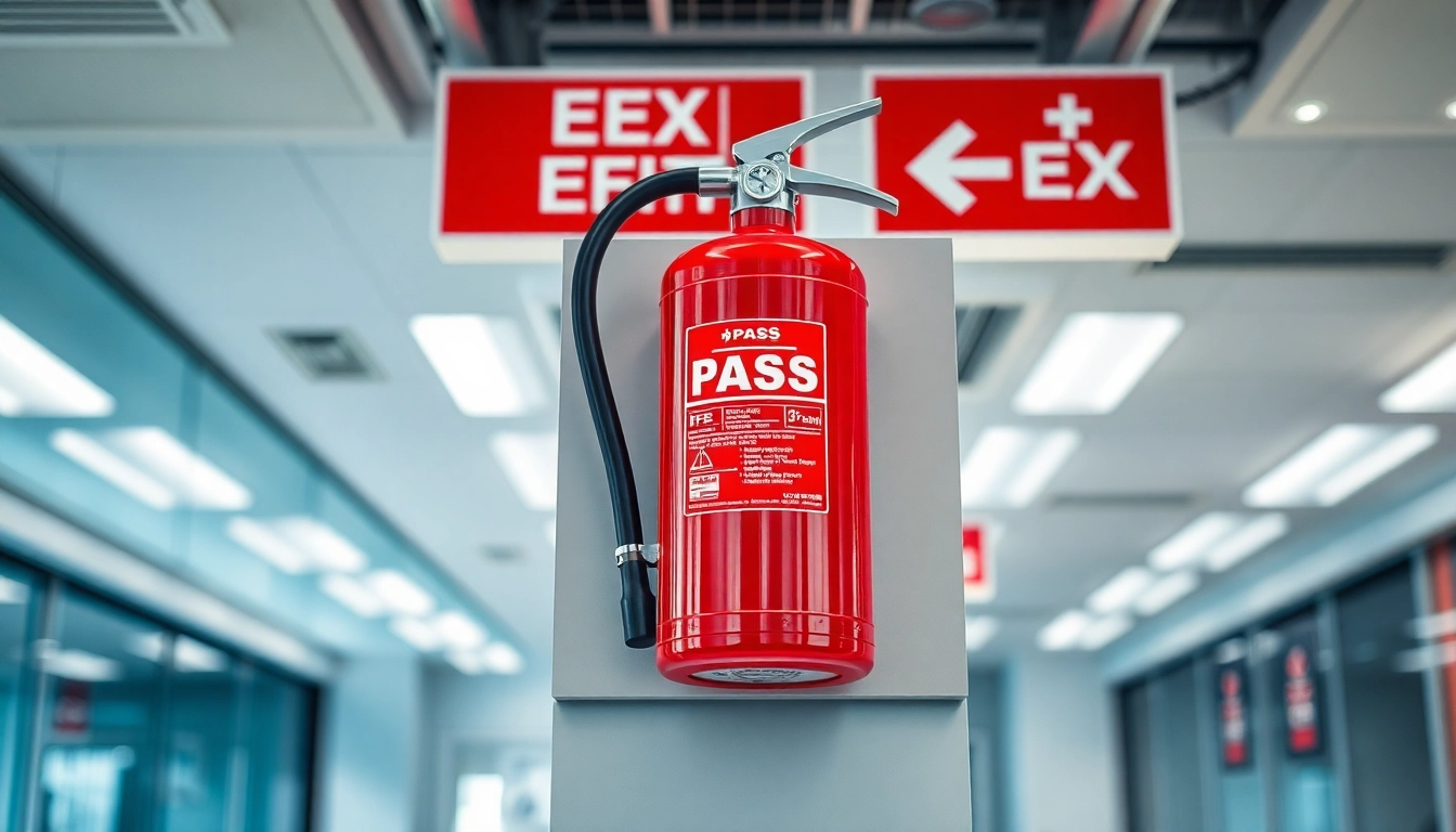 Showcasing a pass fire extinguisher mounted in a bright office setting, emphasizing safety and readiness.