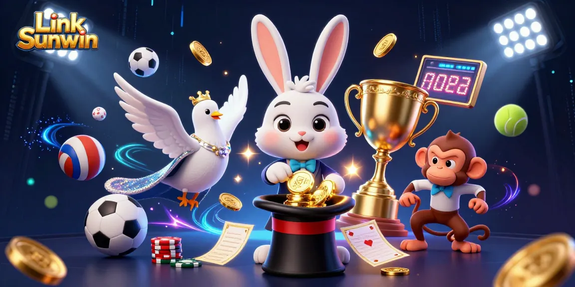 Engage with Link Sunwin's magic as a rabbit pulls coins amidst thrilling casino scenes.