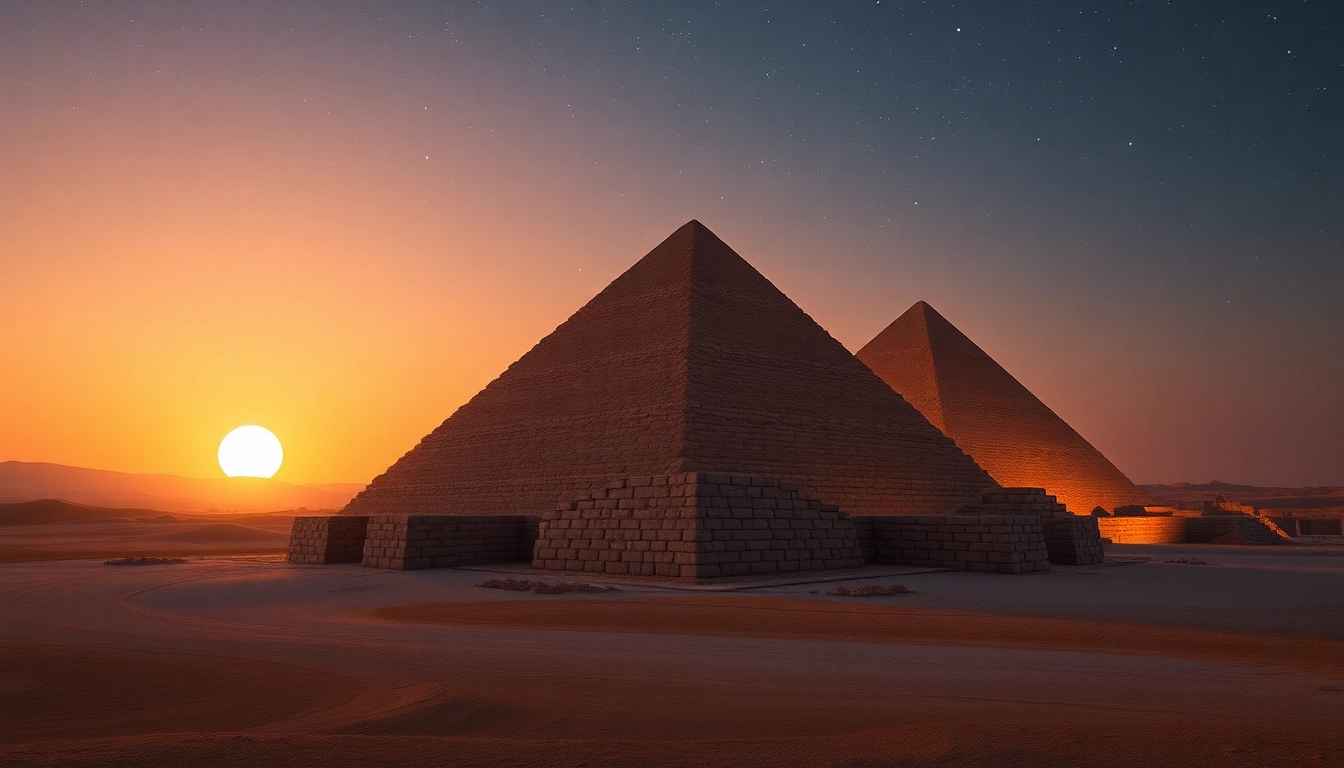 Explore the striking Egyptian pyramids showcasing ancient architecture at https://piraminds.com/ illuminated by a twilight sky.