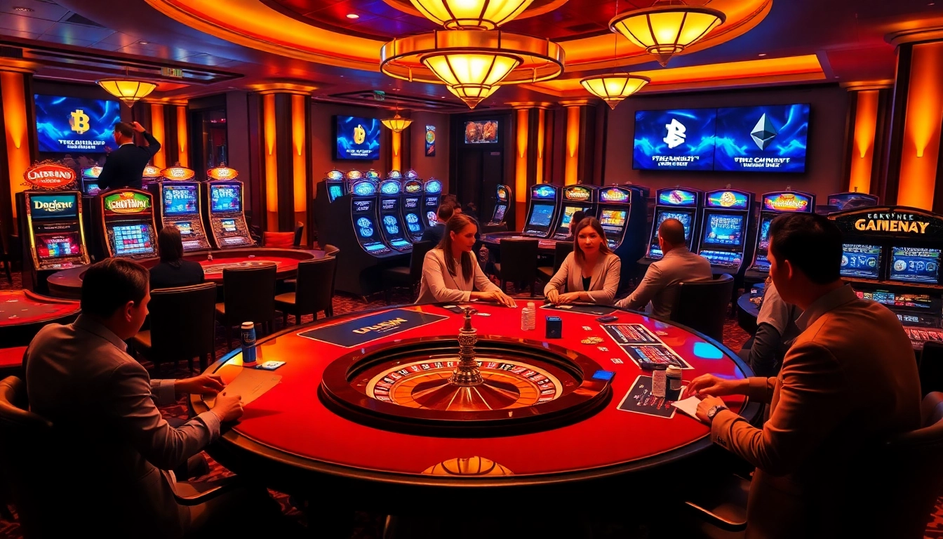 Engaged players enjoying games at the best crypto casinos, focusing on vibrant casino ambiance.