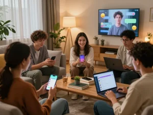Users engaging in free AI sex chat on various devices in a cozy, tech-forward environment.