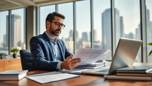 Consultant reviewing FCPA/DCAA/Flowdown/ITAR/EAR compliance documents in a bright office setting.