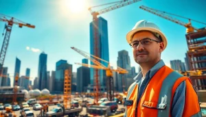New York Construction Manager supervising an active construction site with urban skyline.