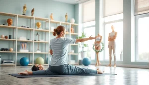 Illustration showing back pain causes with a physiotherapist helping a patient through exercise.